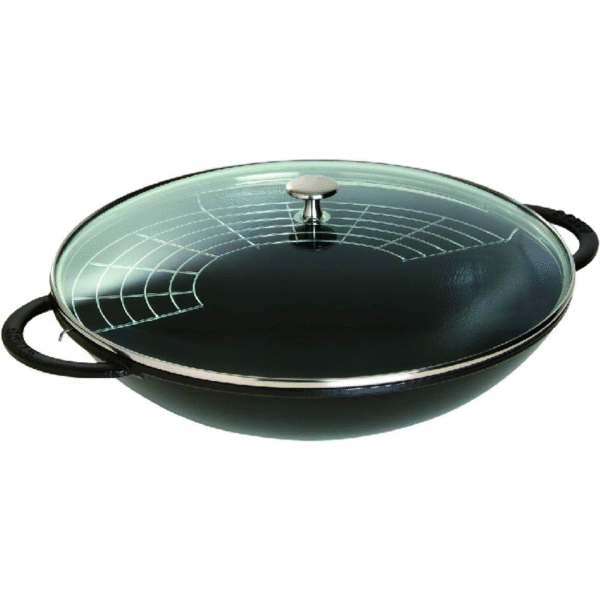 STAUB Gusseisen Wok 37 cm – mit Glasdeckel & Gittereinsatz, 5,7 L, für alle Herdarten